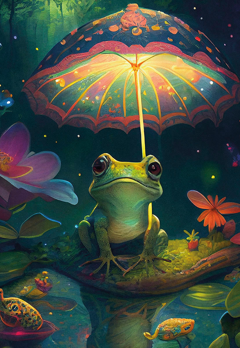 A charming frog under a glowing, patterned umbrella surrounded by water lilies and colorful flowers.