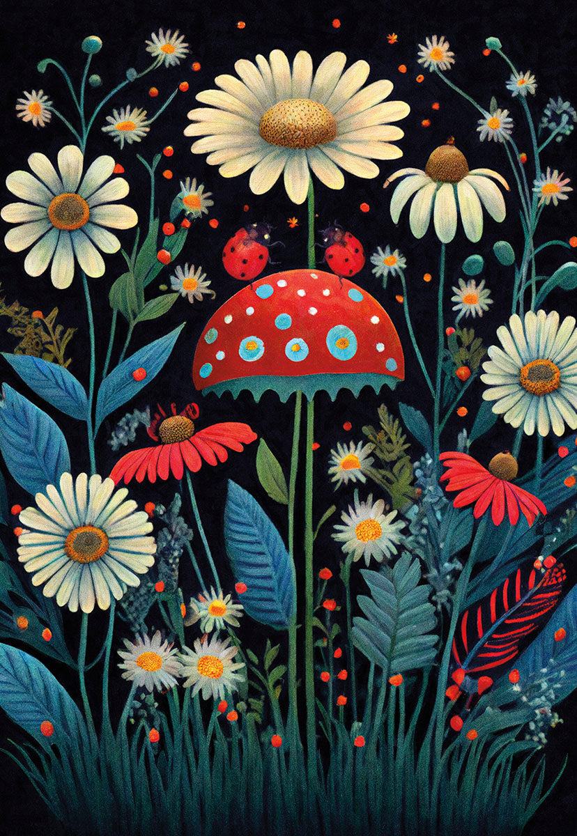 A whimsical red mushroom with ladybugs amidst white daisies and colorful foliage in a night garden.