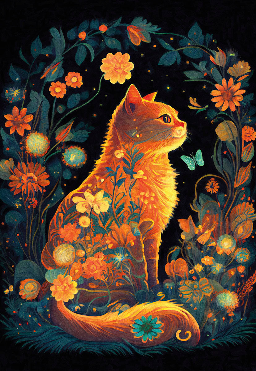 A serene orange cat adorned with floral patterns, sitting among glowing flowers in a dark, magical garden.