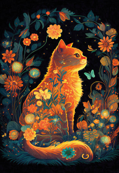 A serene orange cat adorned with floral patterns, sitting among glowing flowers in a dark, magical garden.