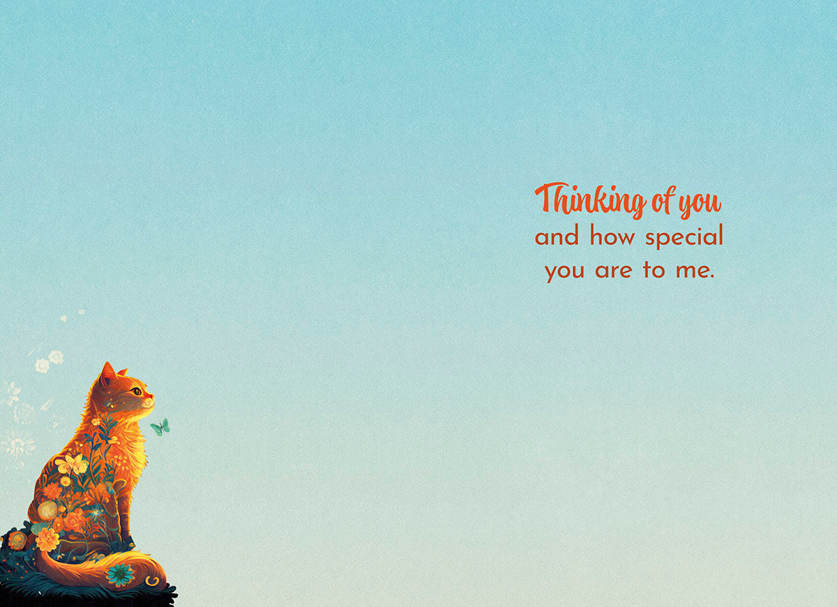 Interior of cat card: 'Thinking of you and how special you are to me.' on a light blue background.