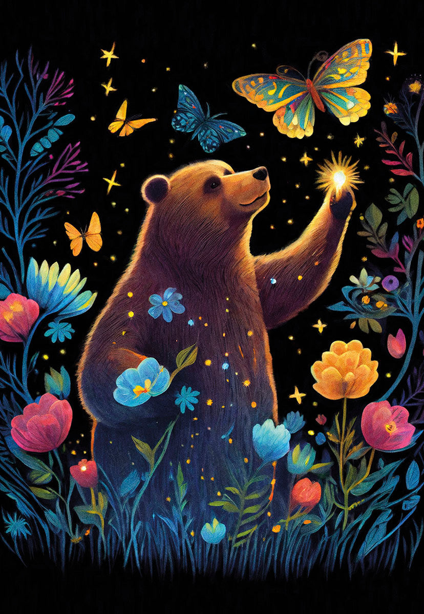 A friendly bear reaching for a glowing star, surrounded by colorful butterflies and luminous flowers in a night garden.