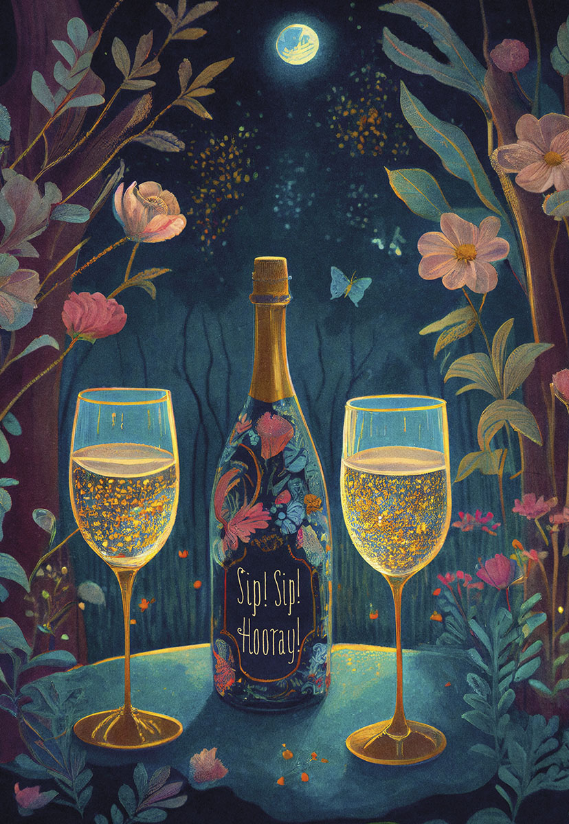 Two champagne flutes and an ornate bottle, 'Sip! Sip! Hooray!', in a magical night garden with a moon.