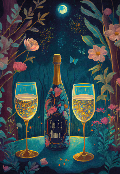 Two champagne flutes and an ornate bottle, 'Sip! Sip! Hooray!', in a magical night garden with a moon.