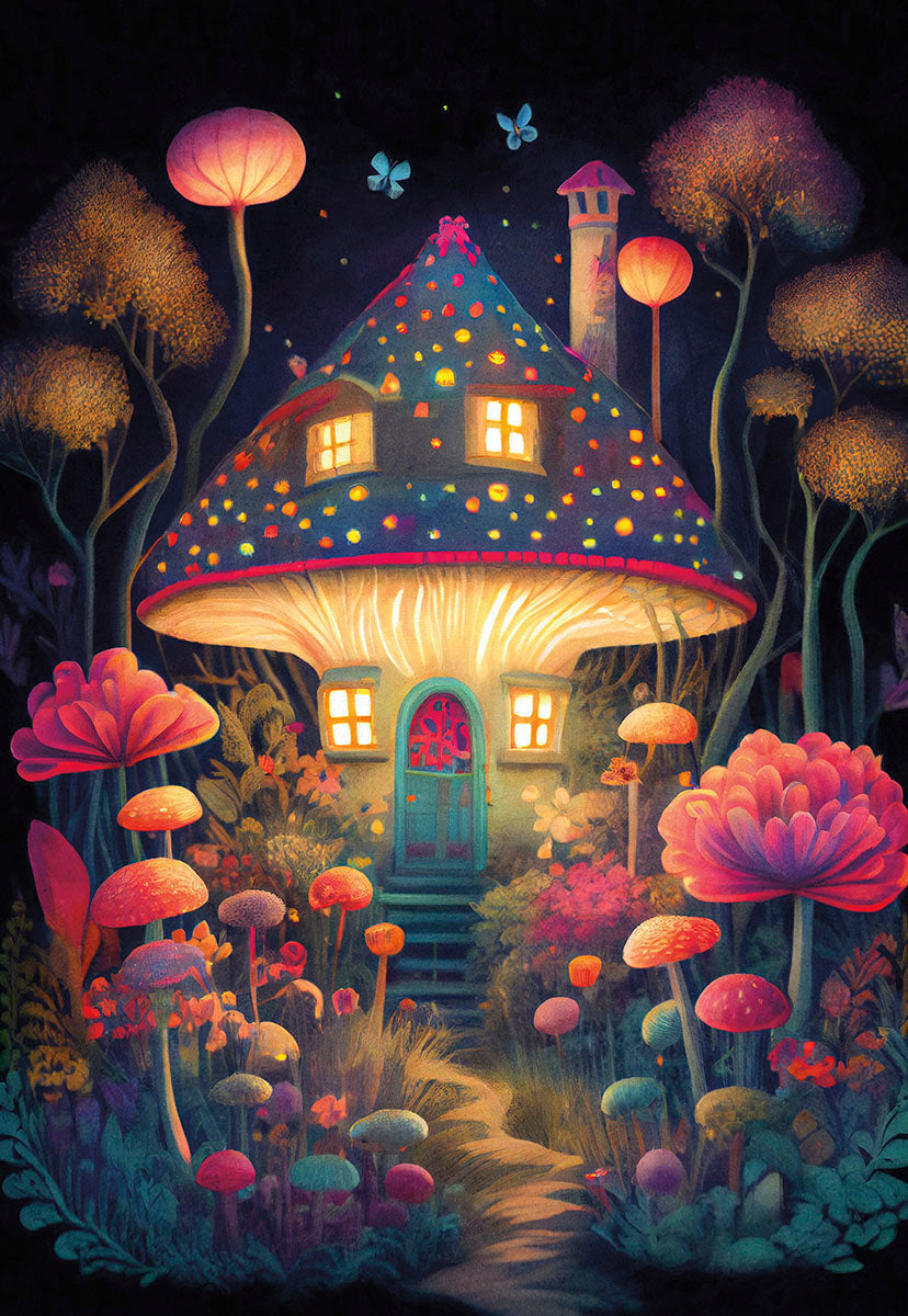 A whimsical mushroom house glowing warmly, nestled among colorful flowers and toadstools in a magical night forest.