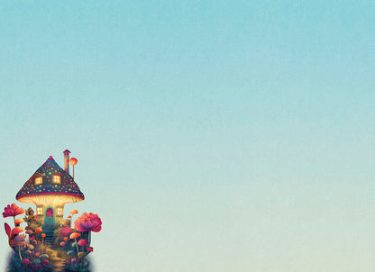 Interior of mushroom house card: 'Thinking of you' message on a light blue gradient background with mushroom house in corner.