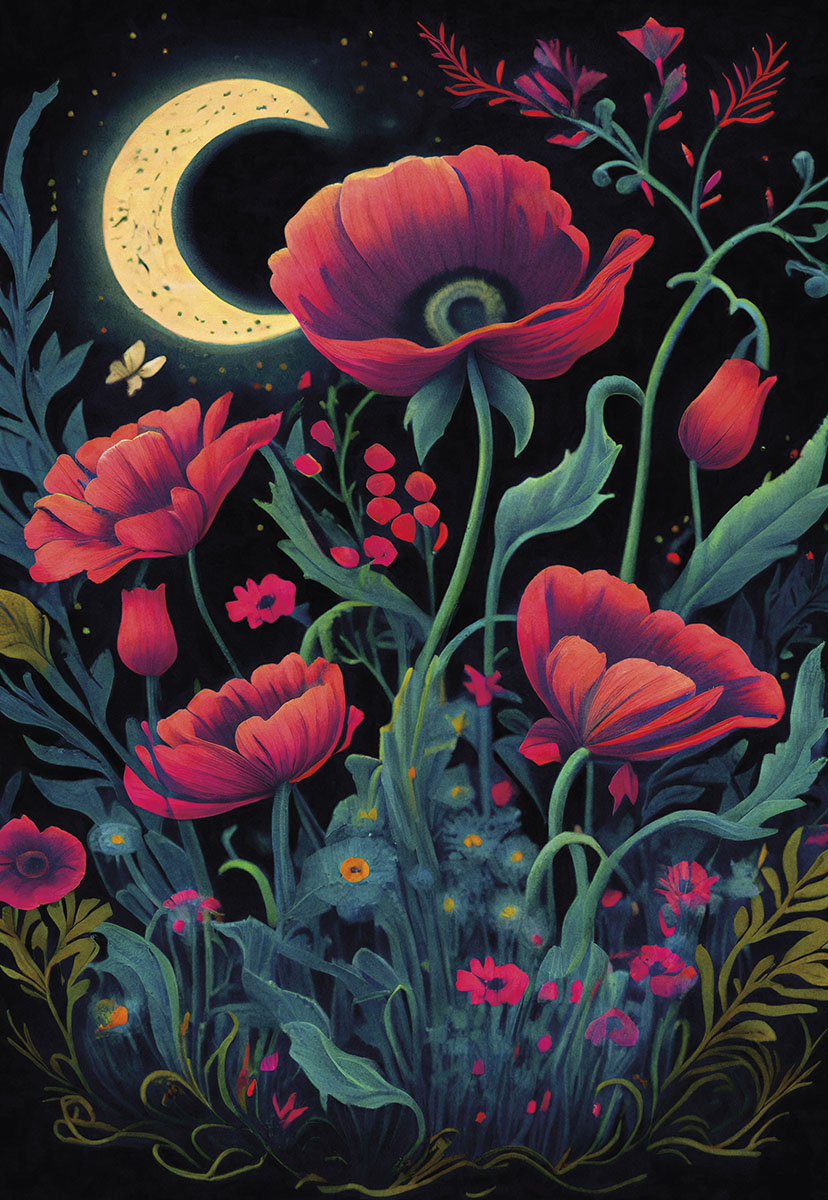 Vibrant red poppies and green foliage illuminated by a golden crescent moon in a dark, enchanting night garden.