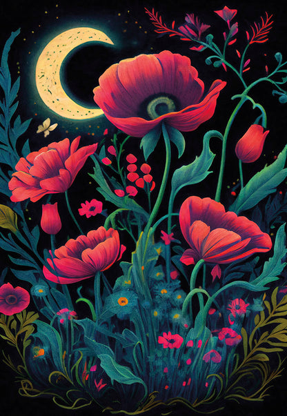 Vibrant red poppies and green foliage illuminated by a golden crescent moon in a dark, enchanting night garden.