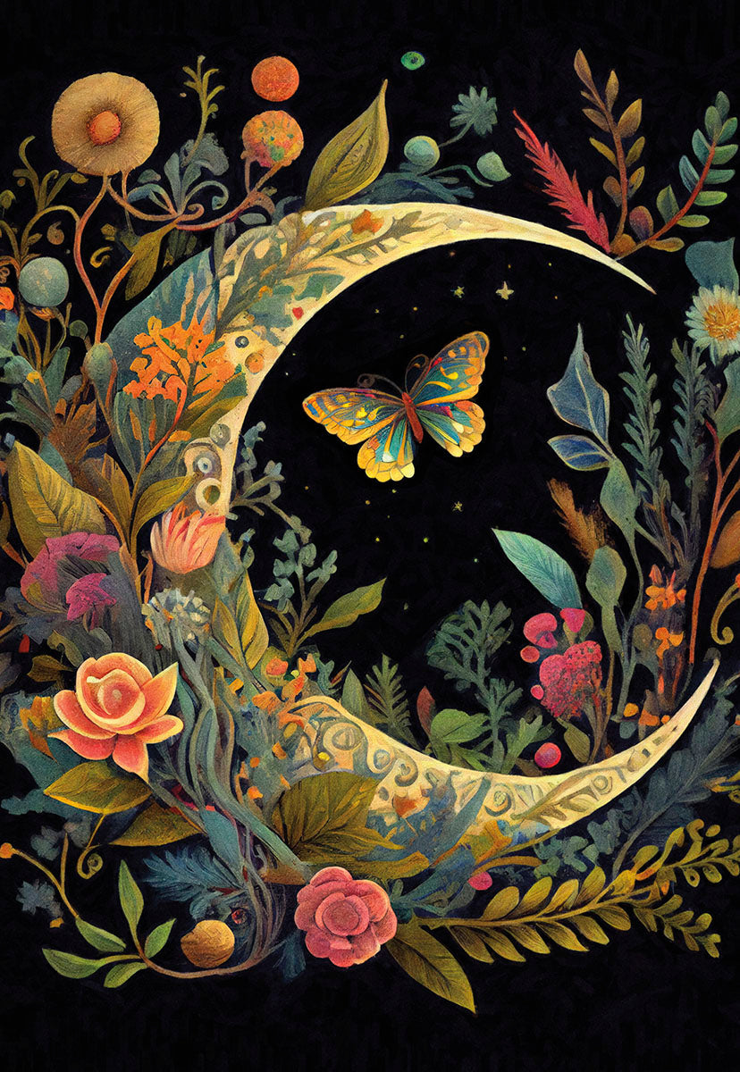 A golden crescent moon adorned with intricate flowers and a butterfly, surrounded by vibrant flora in a night garden.