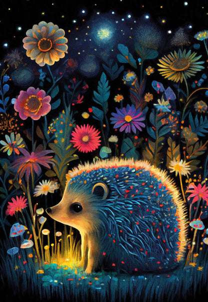 A cute hedgehog glowing with blue and orange spikes, surrounded by luminous wild flowers in a magical night garden.