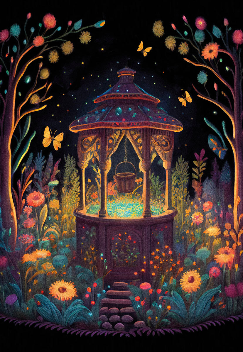 A magical gazebo with a wishing well, surrounded by vibrant, glowing flowers and twinkling lights in a night garden.