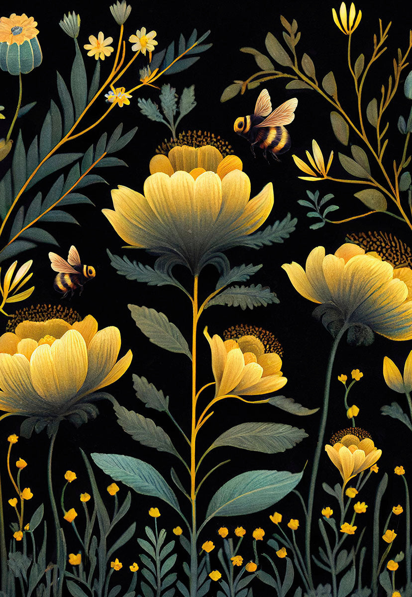 Luminous yellow flowers with buzzing bees amidst lush green foliage and delicate blooms in a dark, enchanting garden.