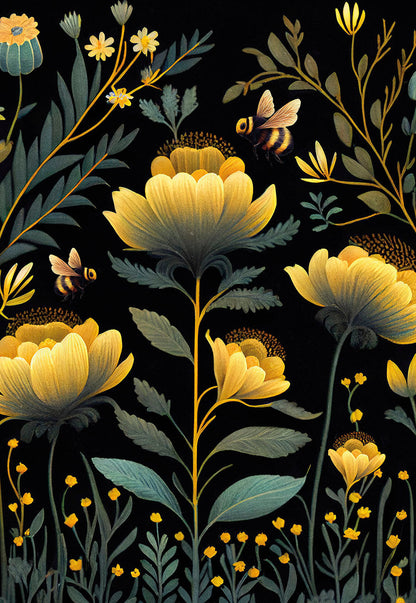 Luminous yellow flowers with buzzing bees amidst lush green foliage and delicate blooms in a dark, enchanting garden.