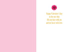 Inside view of a romantic greeting card, showing a light pink left panel and a white right panel with a single pink daisy illustration. The heartfelt message reads: 'Happy Valentine's Day to the one who fills my days with joy and my heart with love.'