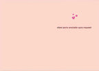 Inside of a humorous Valentine's Day card, showing a plain light pink background with three small pink hearts in the top right corner. Text reads: 'other parts available upon request!', adding a cheeky, suggestive twist for a spouse or partner.