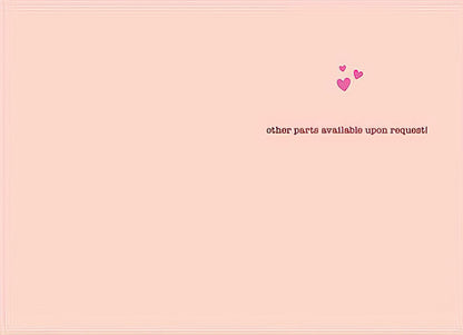 Inside of a greeting card with a light pink background and three small pink hearts in the upper right corner.
