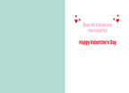 Inside view of a romantic and humorous greeting card, showing a light blue blank panel on the left and a white panel on the right with red text stating 'Now let's make out like bandits! Happy Valentine's Day' adorned with small hearts.