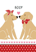 Cute Valentine's Day greeting card featuring two cartoon golden retriever dogs, one with a red polka-dot bandana and one with a red bow tie, with their noses touching under a pink heart and 'BOOP' text. Ideal for spouse.