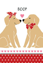 Cute Valentine's Day greeting card featuring two cartoon golden retriever dogs, one with a red polka-dot bandana and one with a red bow tie, with their noses touching under a pink heart and 'BOOP' text. Ideal for spouse.