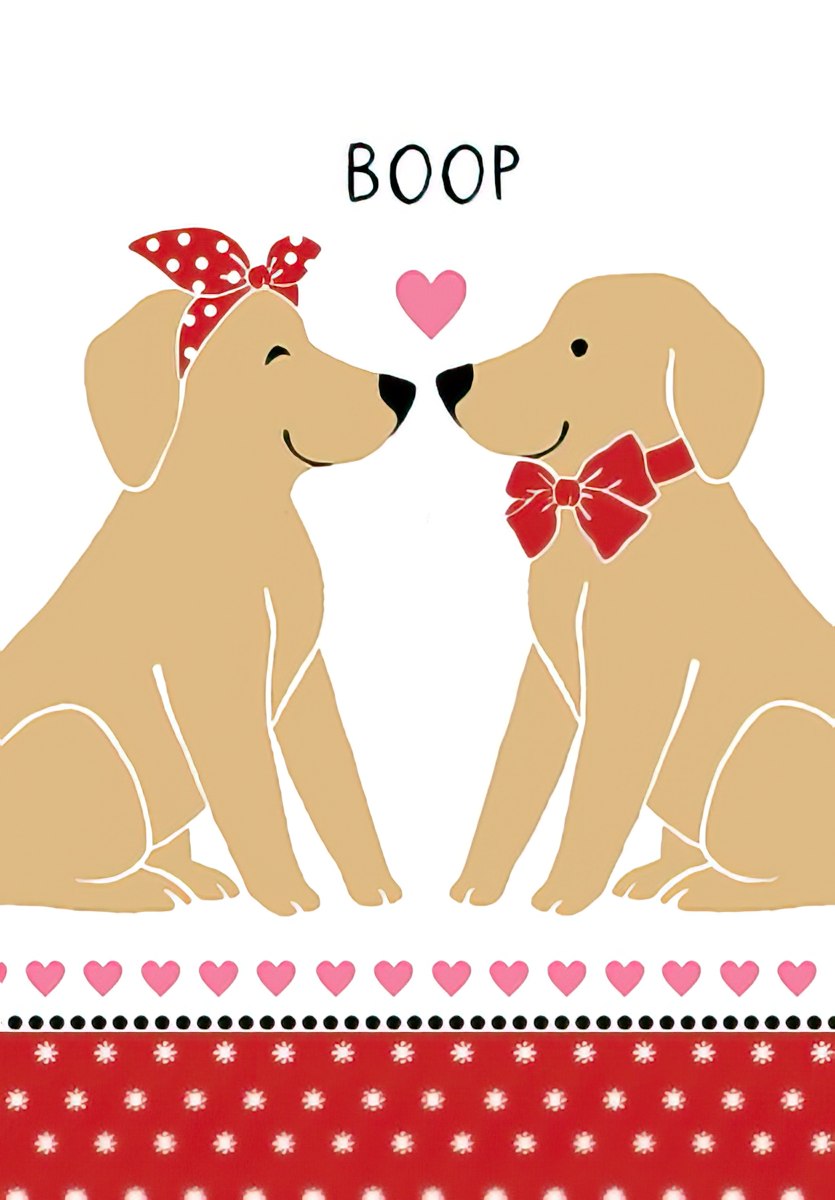 Cute Valentine's Day greeting card featuring two cartoon golden retriever dogs, one with a red polka-dot bandana and one with a red bow tie, with their noses touching under a pink heart and 'BOOP' text. Ideal for spouse.