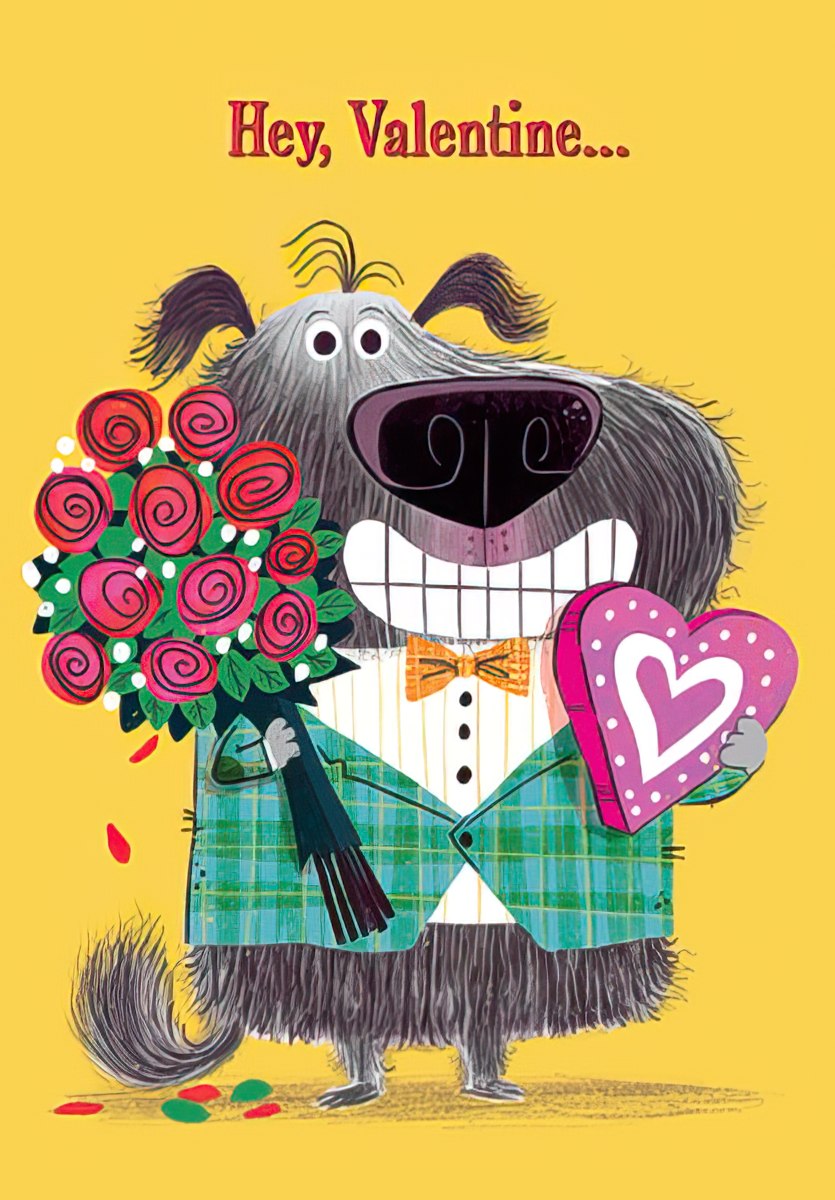 Front of a cute Valentine's Day greeting card featuring a fluffy grey dog wearing a green plaid suit jacket and an orange bow tie, holding a vibrant bouquet of red roses and a pink heart-shaped candy box on a yellow background with the text 'Hey, Valentine...'
