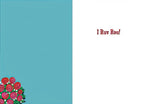 Inside of a romantic greeting card with a white right panel displaying the red text 'I Ruv Rou!' and a teal blue left panel featuring a small cluster of red roses in the bottom left corner.