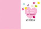 Inside of a romantic Valentine's Day card, displaying a pink heart with the heartfelt message 'And the very best thing is - you're mine!' surrounded by colorful floating hearts, wishing 'HAPPY VALENTINE'S DAY'.