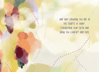 The interior of the "May Peace fill you" card with matching abstract art and a supportive message about faith and comfort.