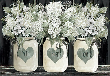 The front of a card with three mason jars filled with white flowers, labeled "FAITH", "HOPE", and "LOVE".