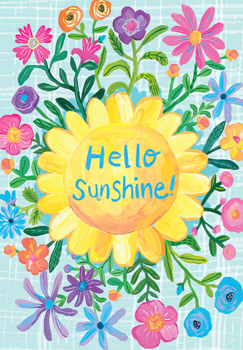 The front of a vibrant floral card with a large yellow sunflower-like center and the greeting "Hello Sunshine!".