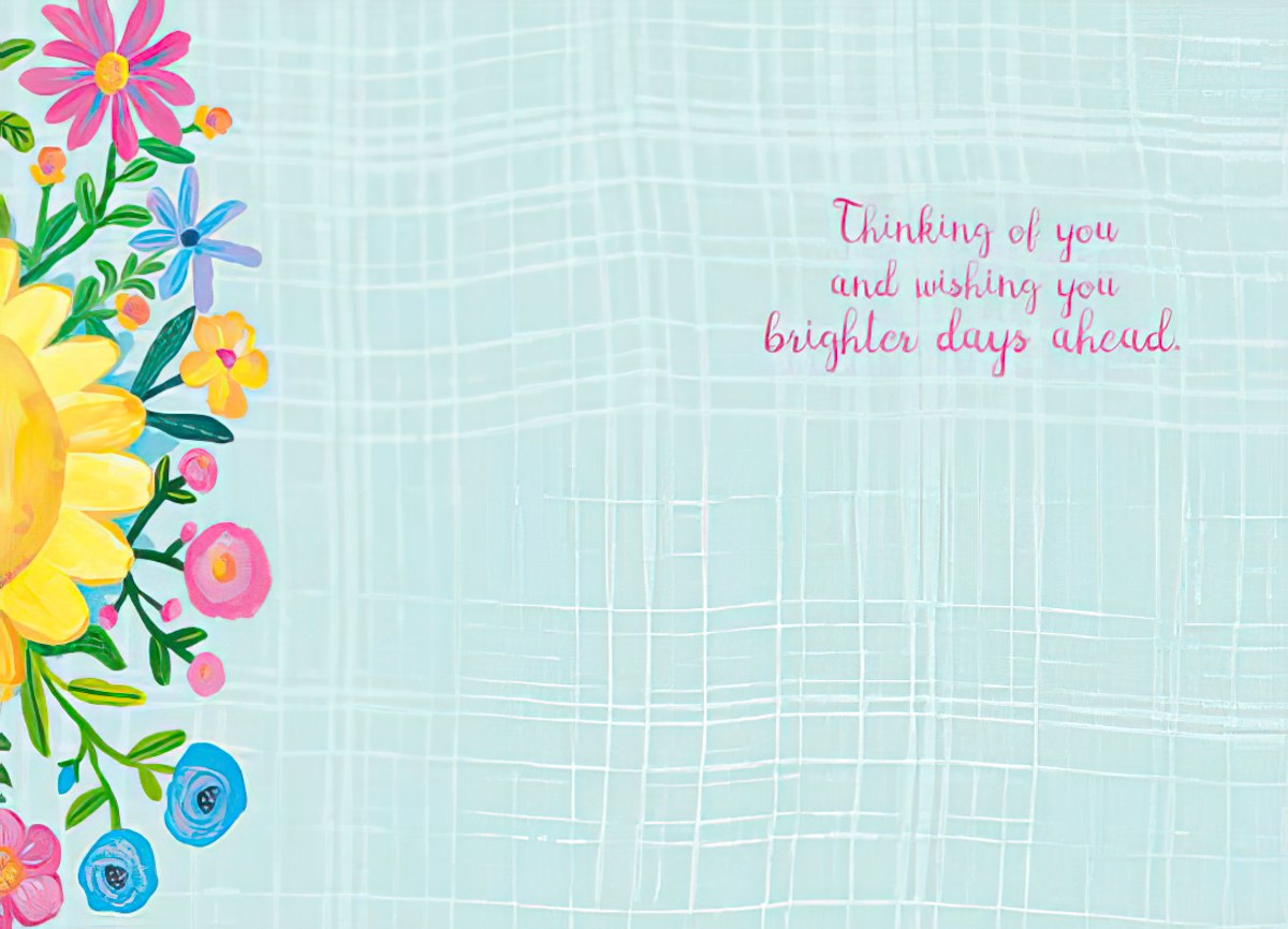 The interior of the "Hello Sunshine!" card with a light blue background and the message "Thinking of you and wishing you brighter days ahead."