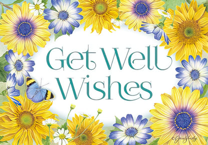 The front of a "Get Well Wishes" card with sunflowers and a butterfly.