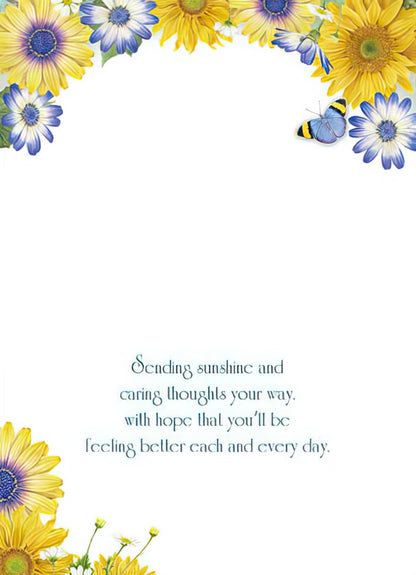 The interior of the "Get Well Wishes" card with a message about sending sunshine and caring thoughts.