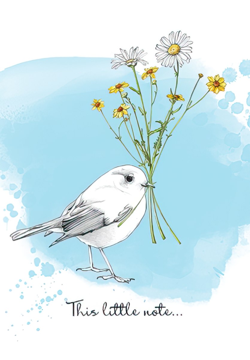 The front of a gentle card featuring a white bird holding a small bouquet of wildflowers, with "This little note...".
