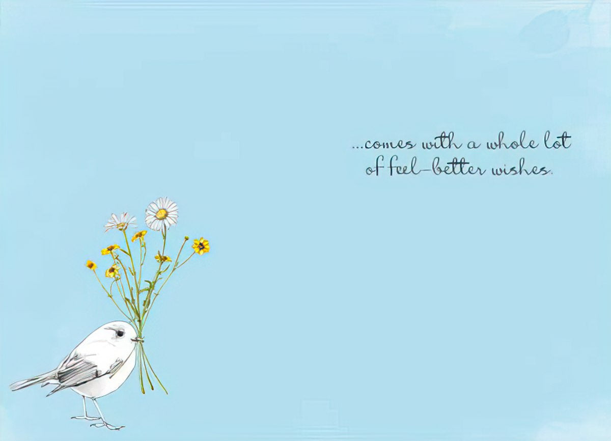 The interior of "This little note..." card with the bird illustration and the message "...comes with a whole lot of feel-better wishes."