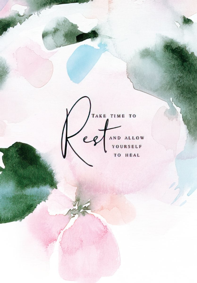 The front of a serene watercolor card with pink, green, and blue hues and the prominent script word "Rest".