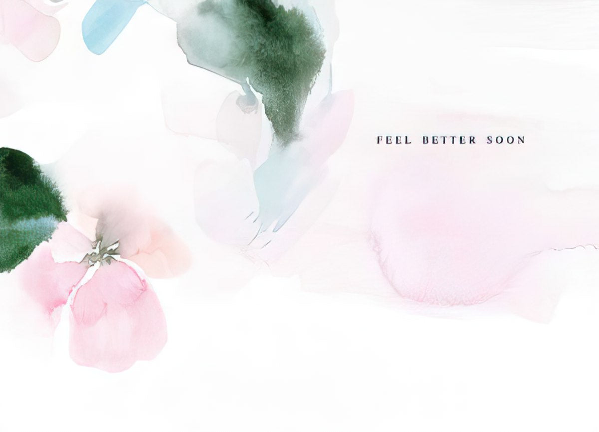 The interior of the "Rest" card with a soft watercolor background and the simple message "FEEL BETTER SOON".