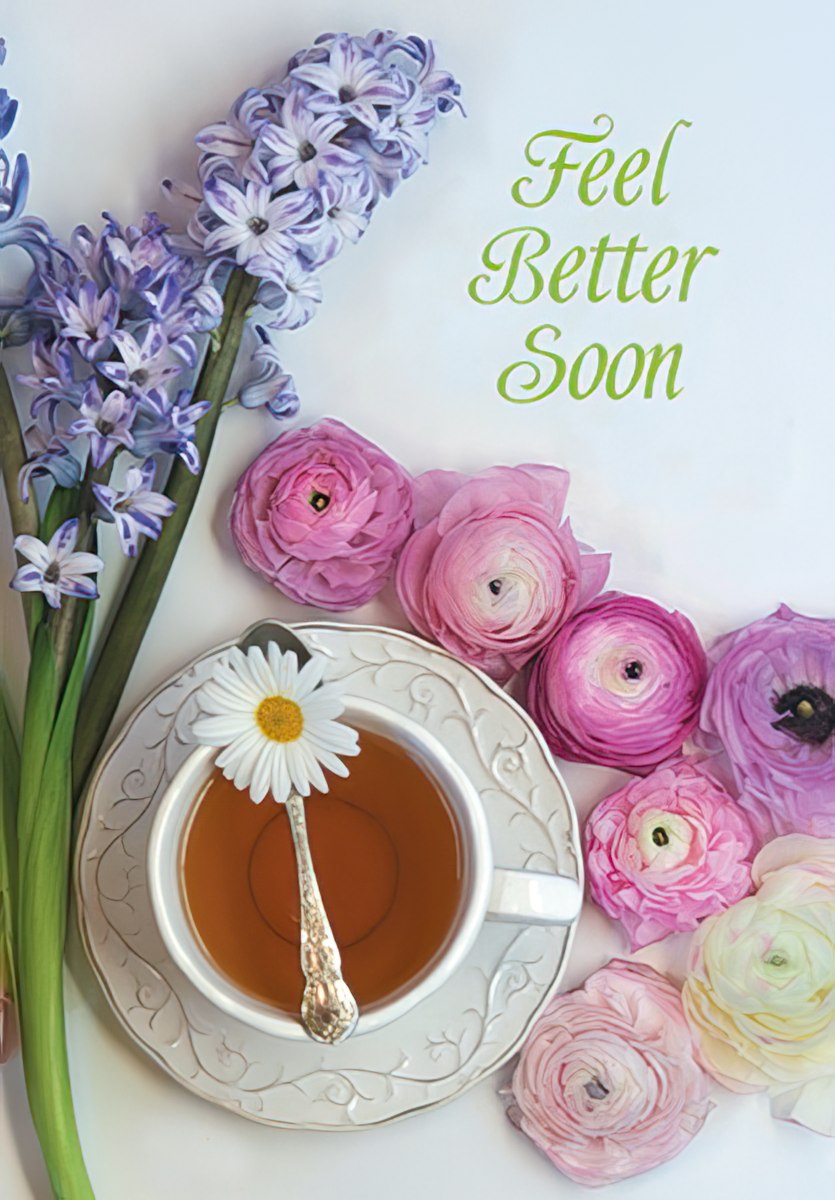 The front of a "Feel Better Soon" card with a teacup surrounded by purple hyacinths and pink ranunculus flowers.