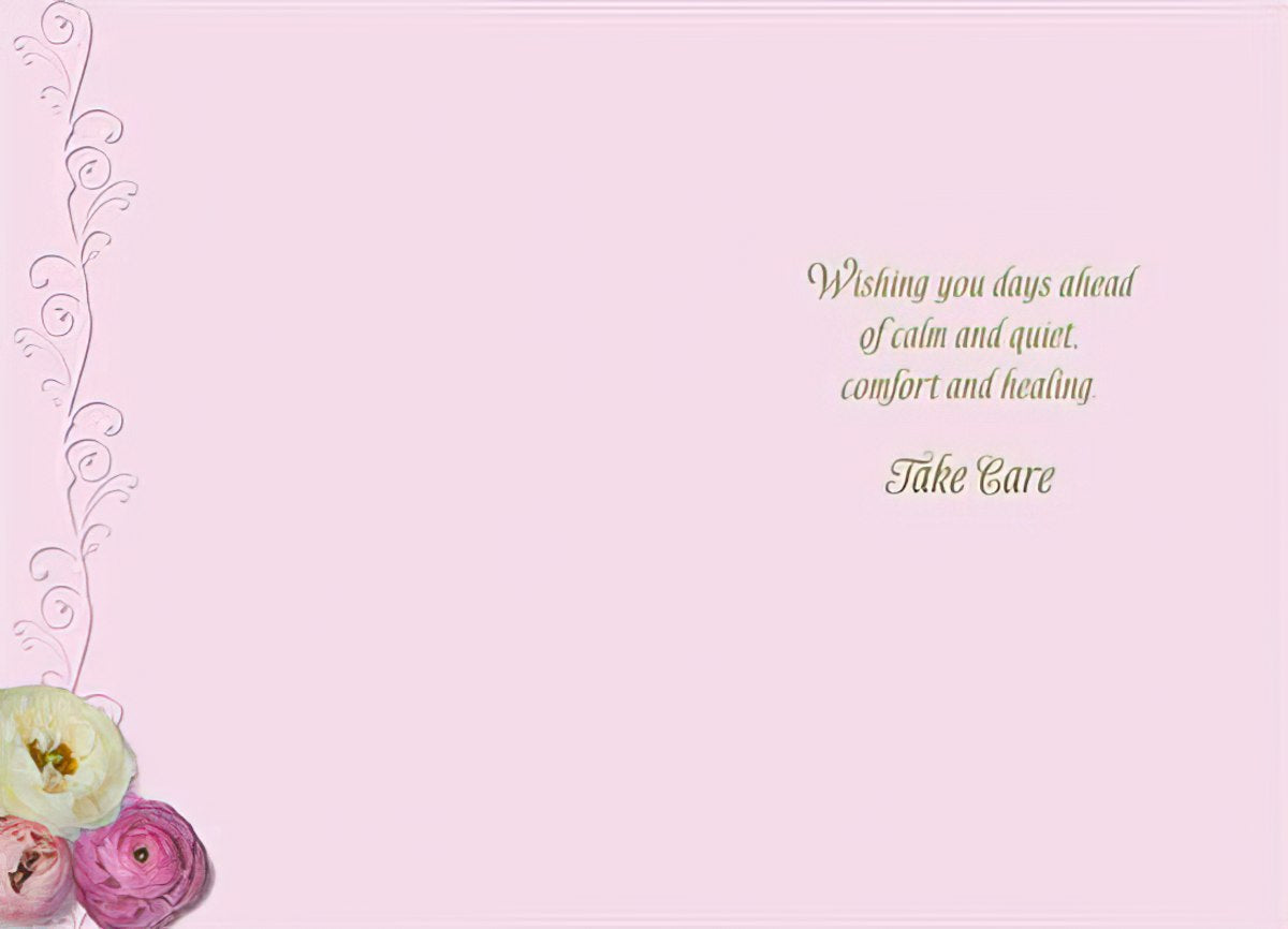 The interior of the "Feel Better Soon" card with a delicate floral border and a message wishing calm, quiet, comfort, and healing.