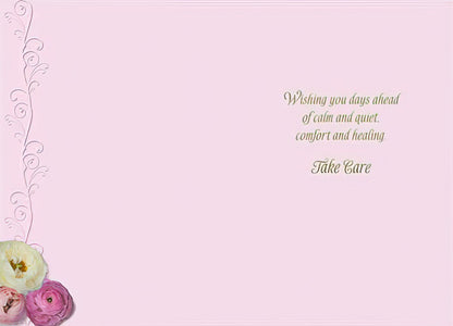 The interior of the "Feel Better Soon" card with a delicate floral border and a message wishing calm, quiet, comfort, and healing.