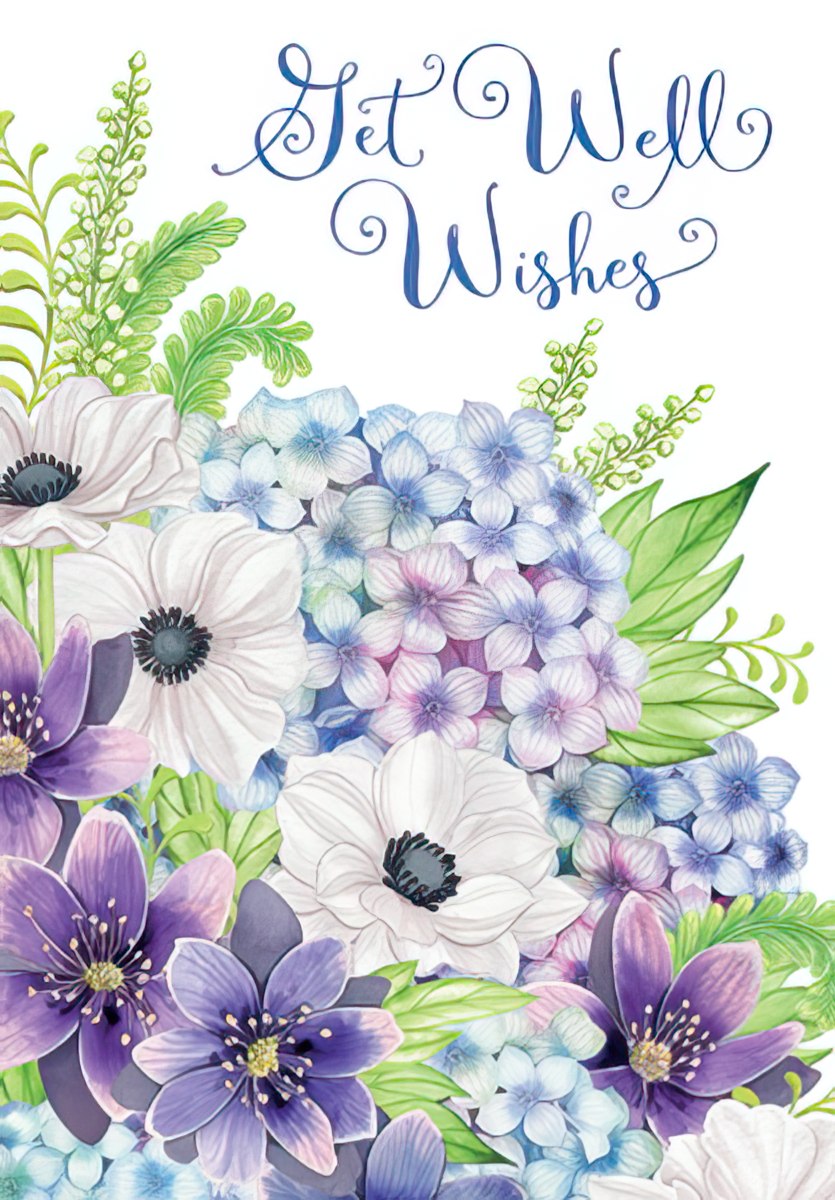 The front of a "Get Well Wishes" card adorned with a beautiful cluster of blue, purple, and white anemones and hydrangeas.