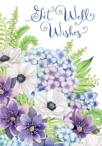The front of a "Get Well Wishes" card adorned with a beautiful cluster of blue, purple, and white anemones and hydrangeas.