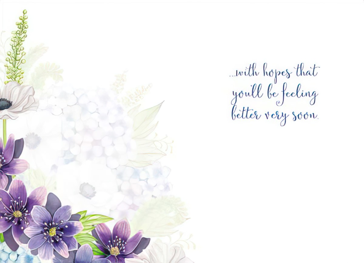 The interior of the "Get Well Wishes" floral card with a subtle floral design and a message expressing hopes for a speedy recovery.