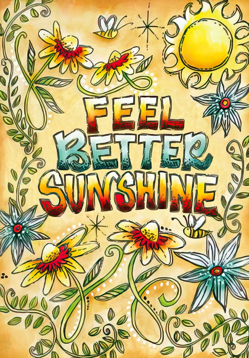 The front of a cheerful "Feel Better Sunshine" card featuring a bright sun and whimsical flowers in warm colors.