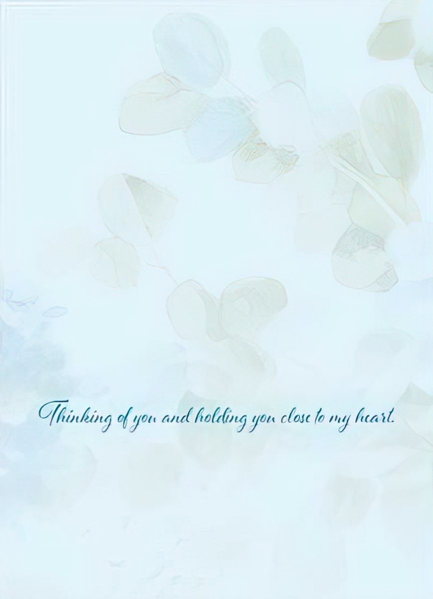 The interior of the bottled flowers card with a soft blue background and the message "Thinking of you and holding you close to my heart."