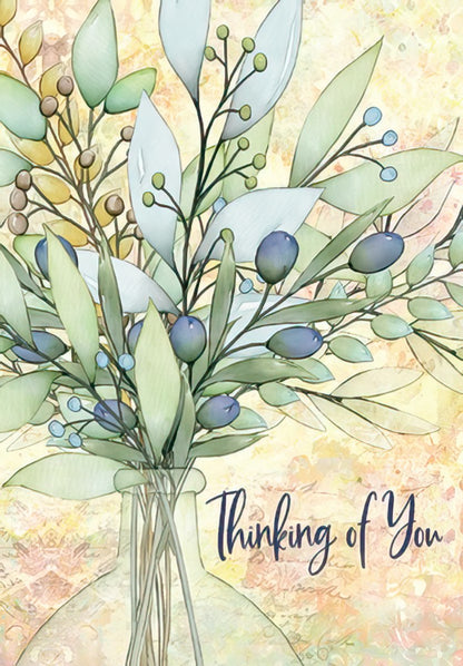 The front of a "Thinking of You" card featuring a delicate watercolor illustration of a leafy, berry-filled bouquet in a clear vase.