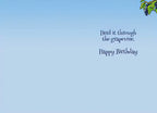 Inside of a funny birthday card with blue background and text 'Herd it through the grapevine. Happy Birthday.', perfect for delivering a chuckle.