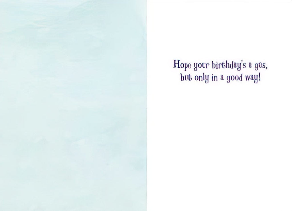 Inside view of a funny birthday card with a light blue background and white space for writing, text reads 'Hope your birthday's a gas, but only in a good way!' ready for a personalized message.