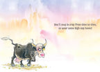 Inside a funny encouragement card with a cartoon angry bull running, alongside text advising to wear high-top boots for life's messy moments.
