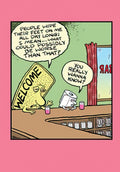 Funny birthday greeting card featuring a cartoon welcome mat complaining to a toilet paper roll at a bar, suitable for a friend or anyone with a sense of humor.